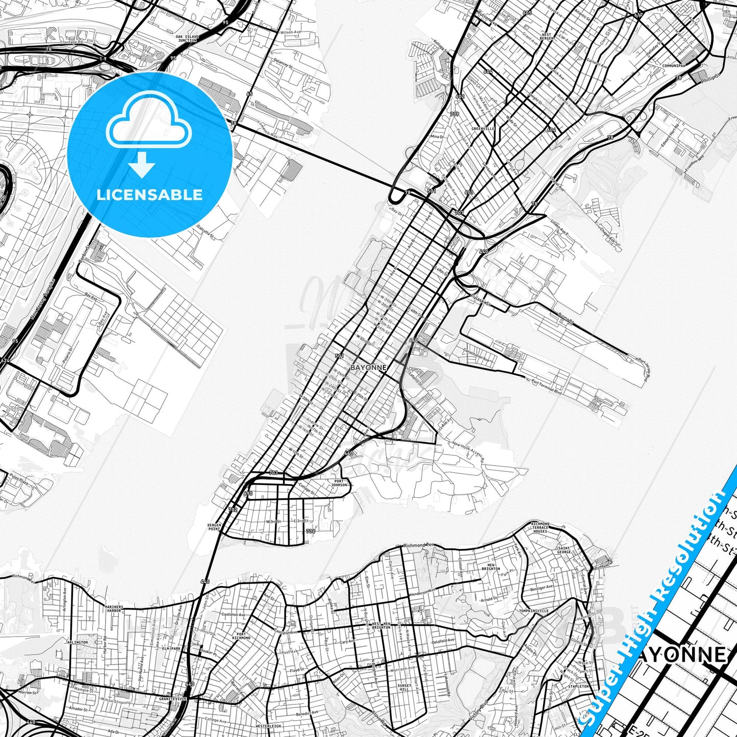 Bayonne, New Jersey Light Map with Street Names, City Names, and Districts