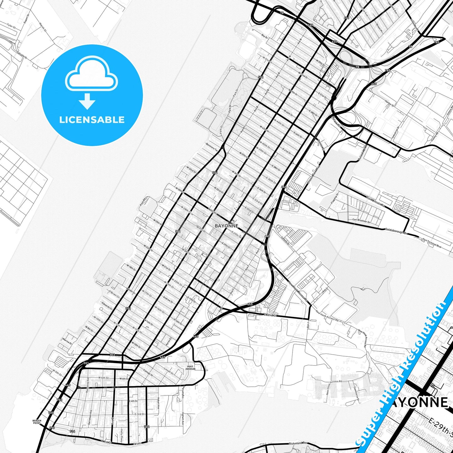 Bayonne, New Jersey Light Map with Street Names, City Names, and Districts