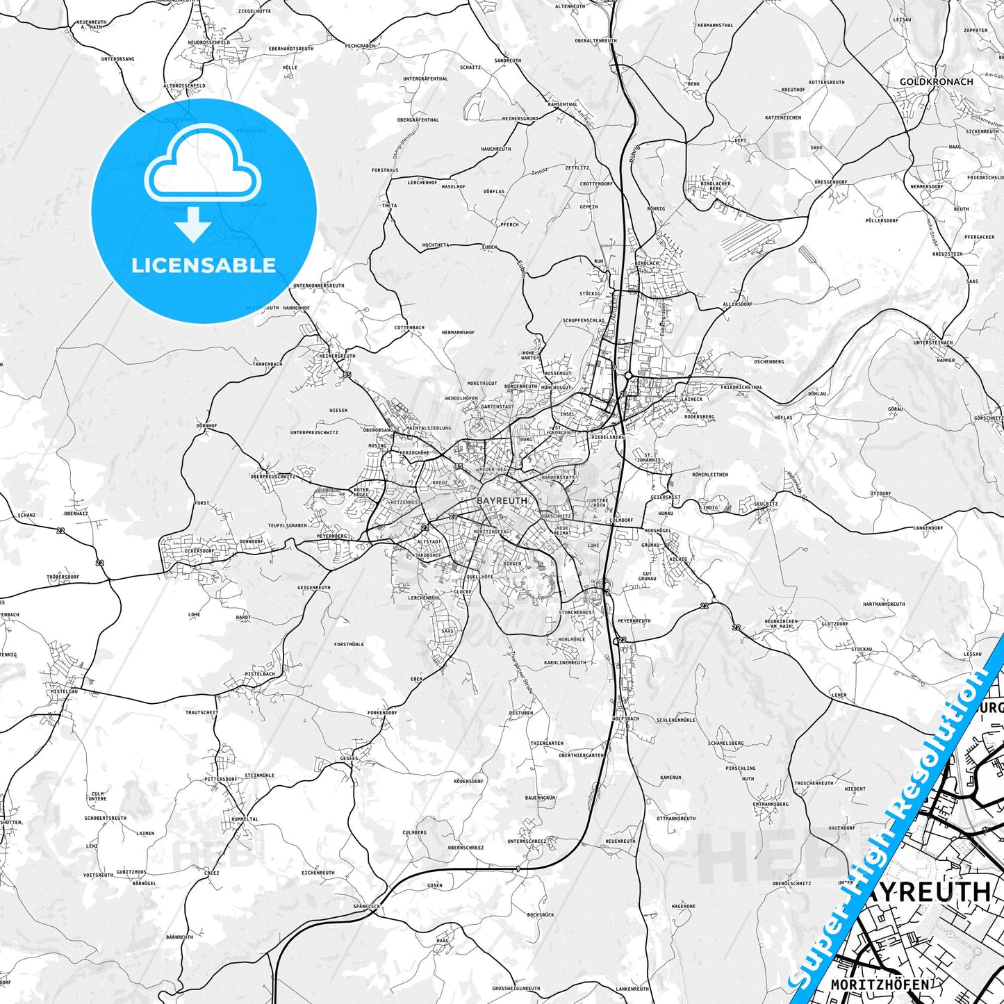 Bayreuth, Germany light map with streetnames, citynames and districts