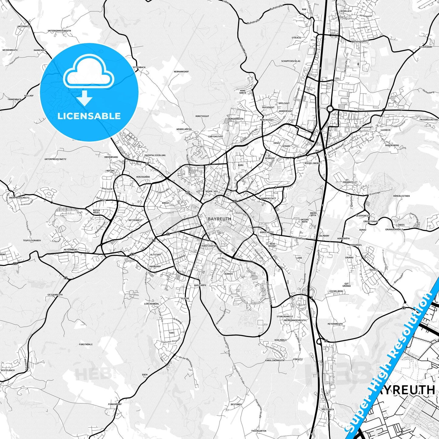 Bayreuth, Germany Light Map with Street Names, City Names, and Districts