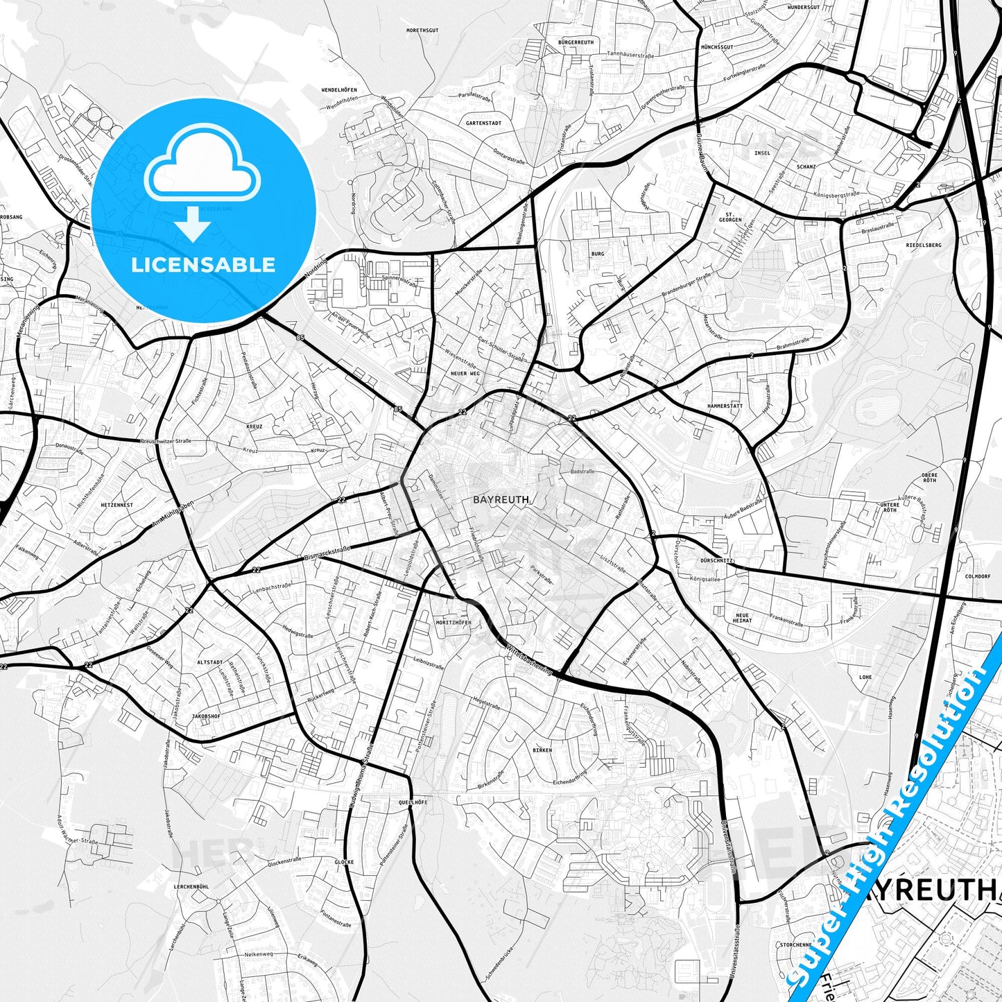 Bayreuth, Germany Light Map with Street Names, City Names, and Districts