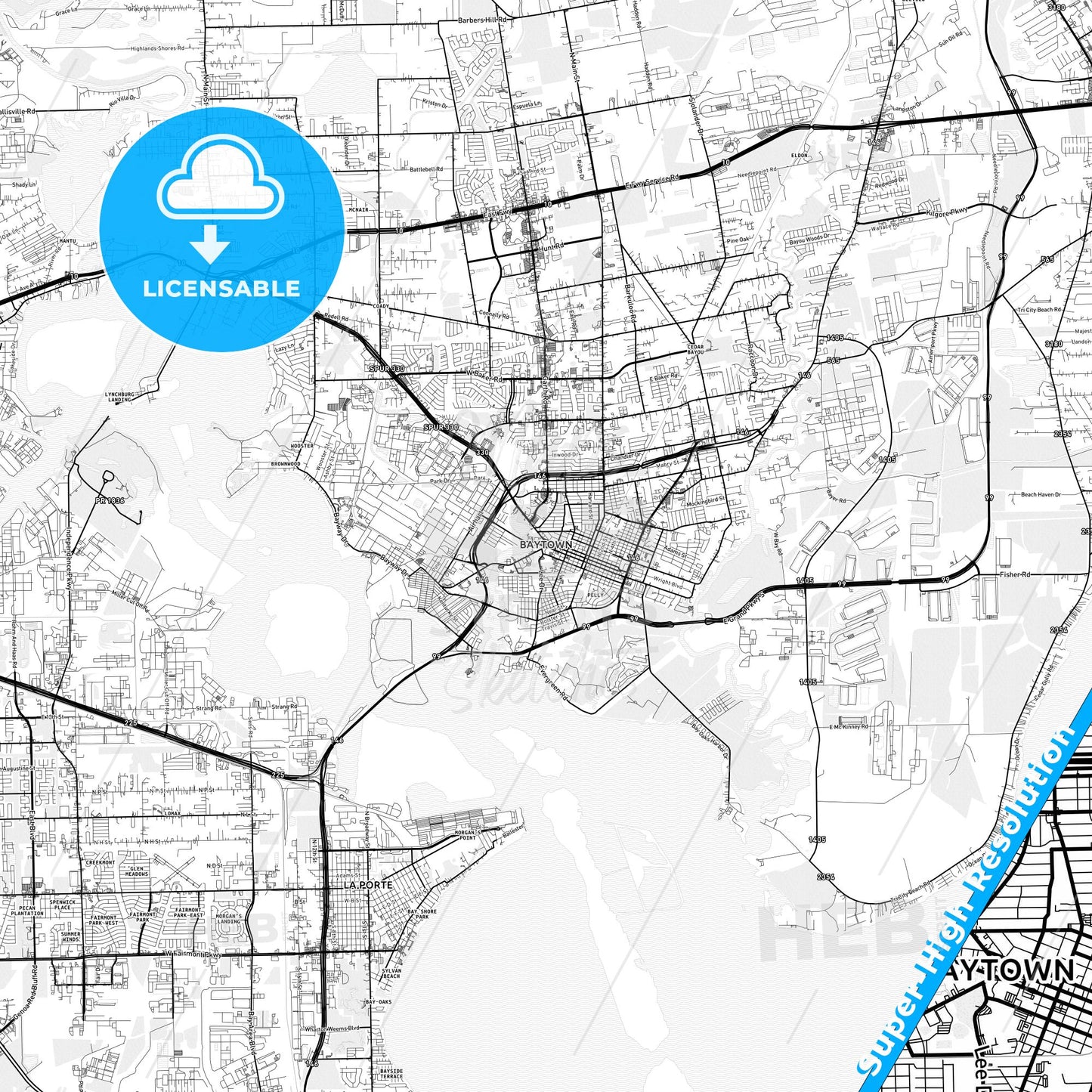 Baytown, Texas light map with streetnames, citynames and districts