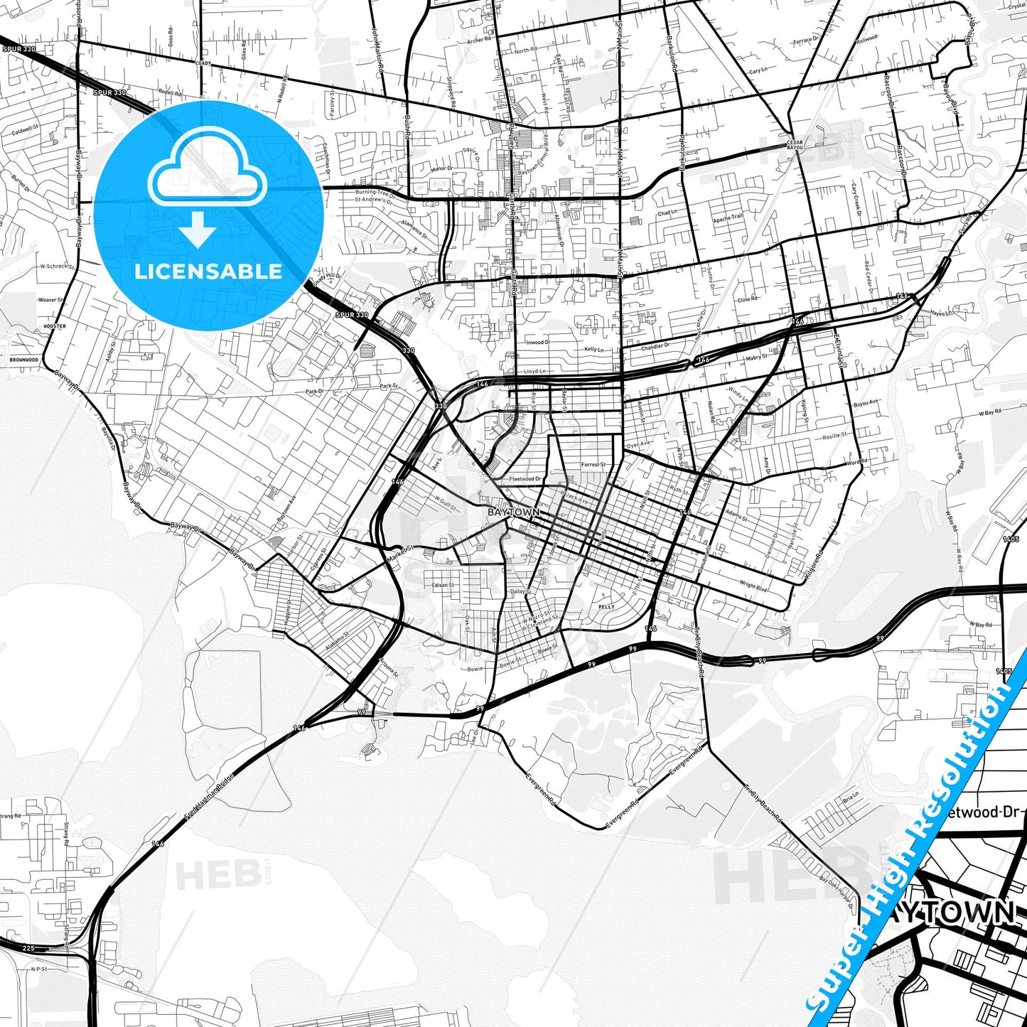 Baytown, Texas Light Map with Street Names, City Names, and Districts