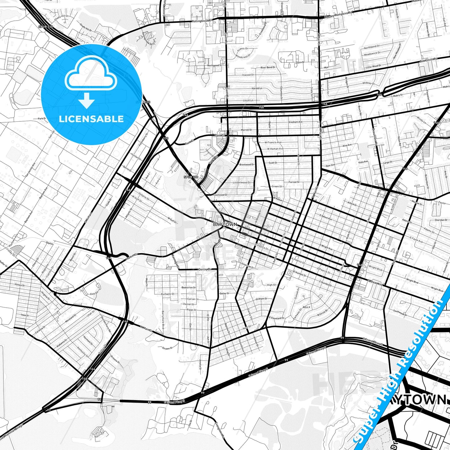Baytown, Texas Light Map with Street Names, City Names, and Districts