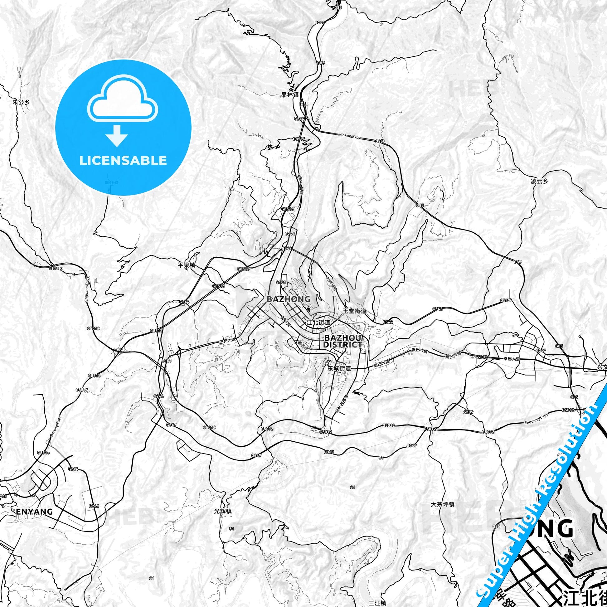 Bazhong, China light map with streetnames, citynames and districts