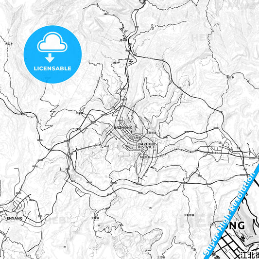 Bazhong, China light map with streetnames, citynames and districts