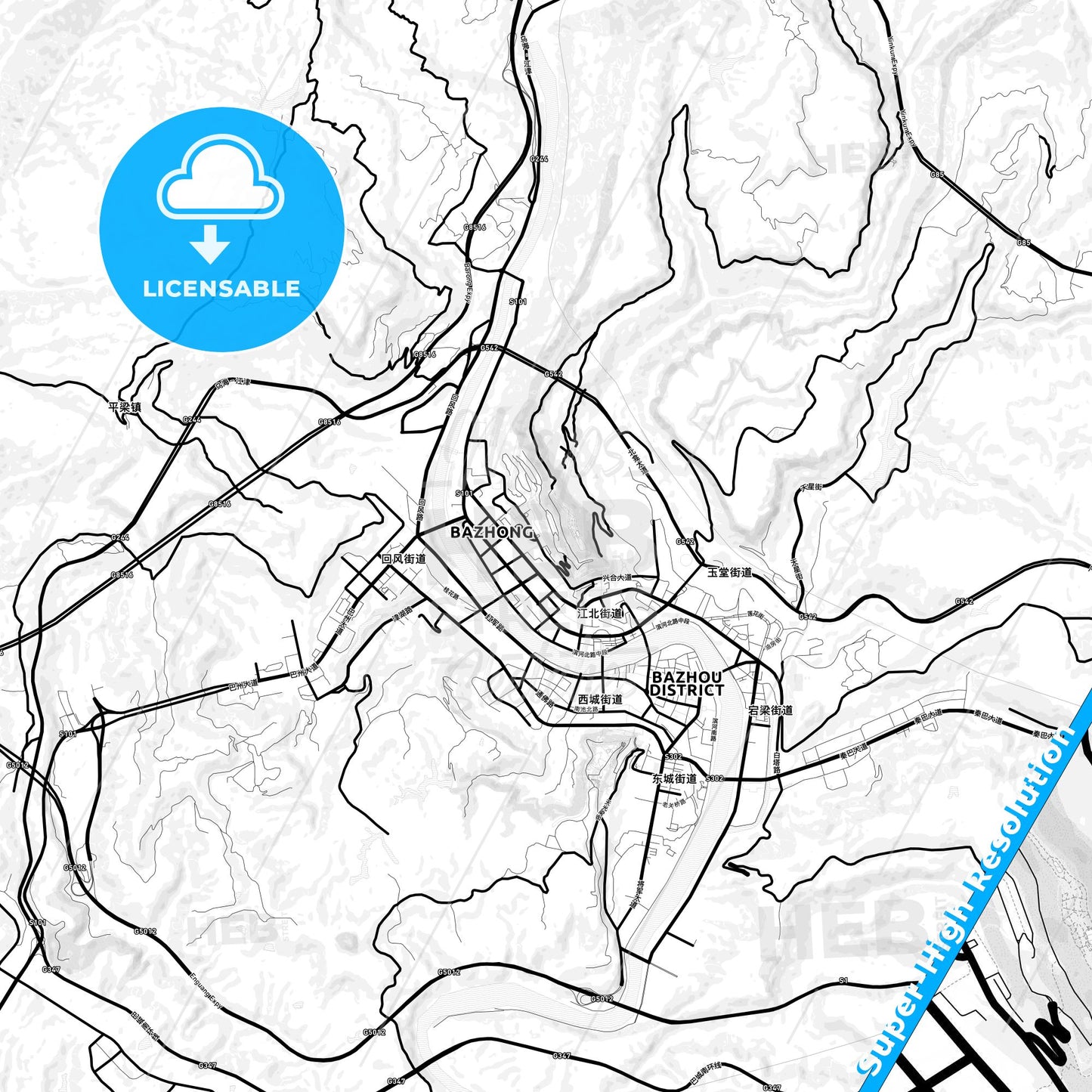 Bazhong, China Light Map with Street Names, City Names, and Districts