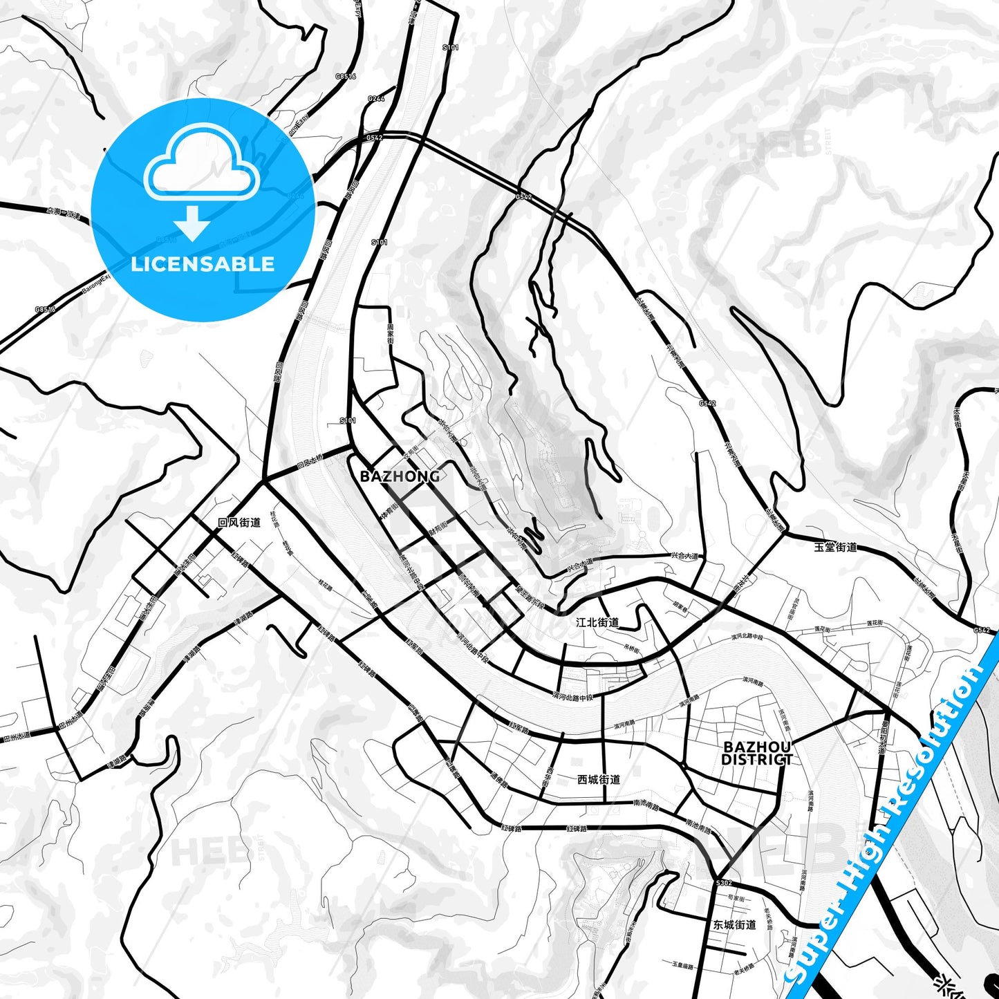 Bazhong, China Light Map with Street Names, City Names, and Districts