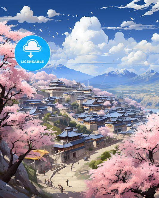 Bazhong Cityscape Skyline Painting with Pink Blossoms Buildings Architecture