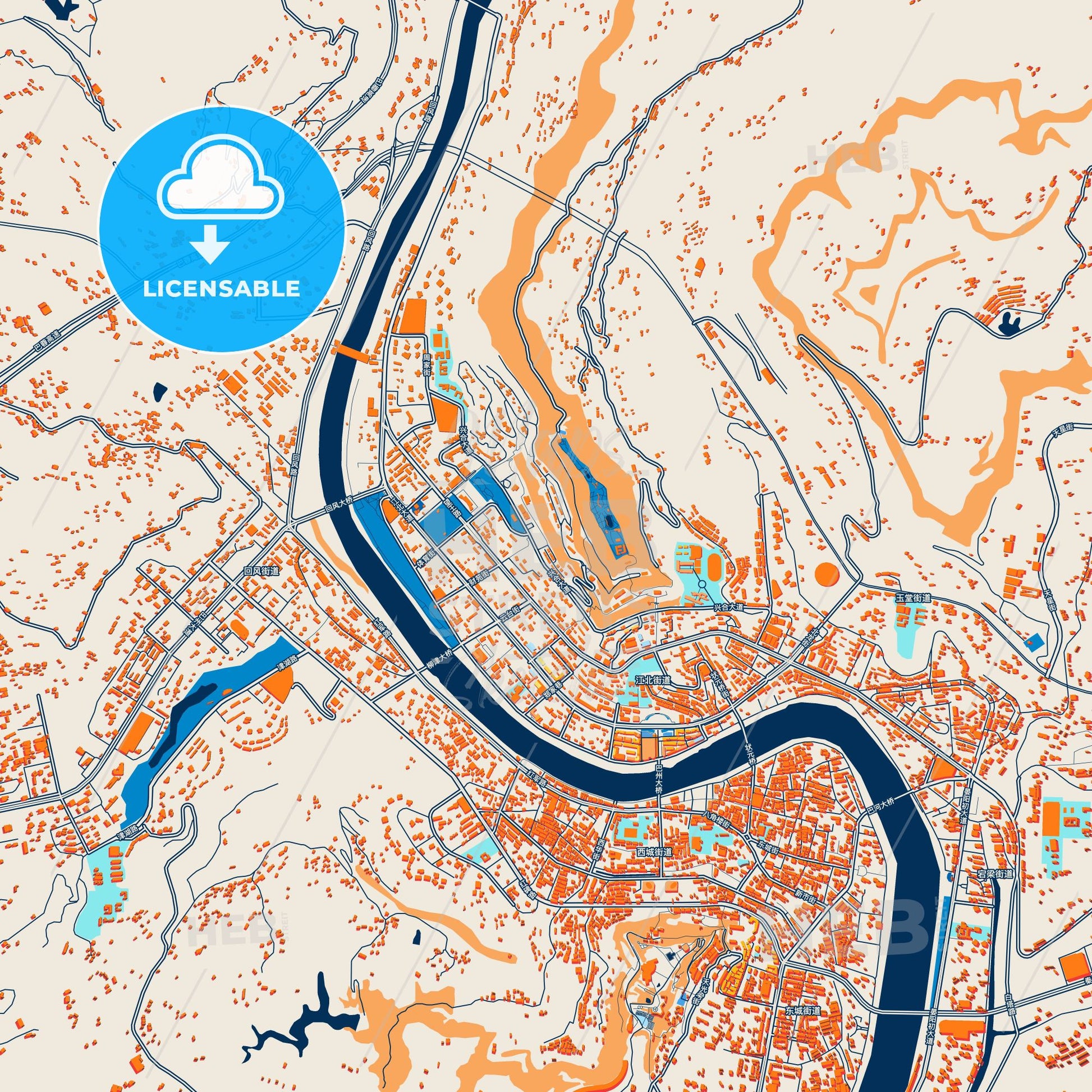 Colorful Bazhong Street Map with Labels and Buildings