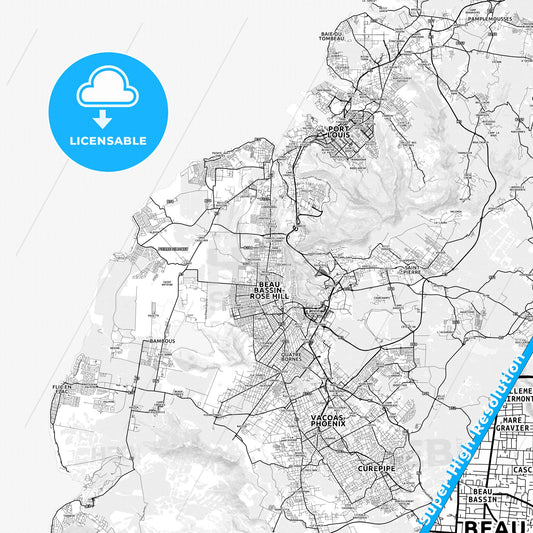 Beau Bassin-Rose Hill, Mauritius light map with streetnames, citynames and districts