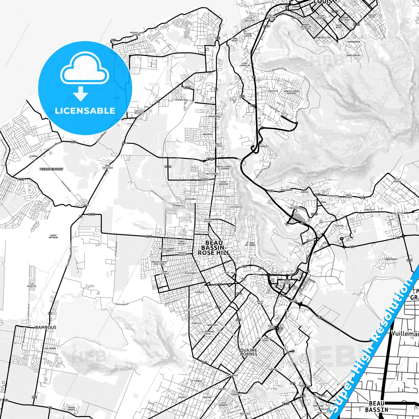 Beau Bassin-Rose Hill, Mauritius Light Map with Street Names, City Names, and Districts