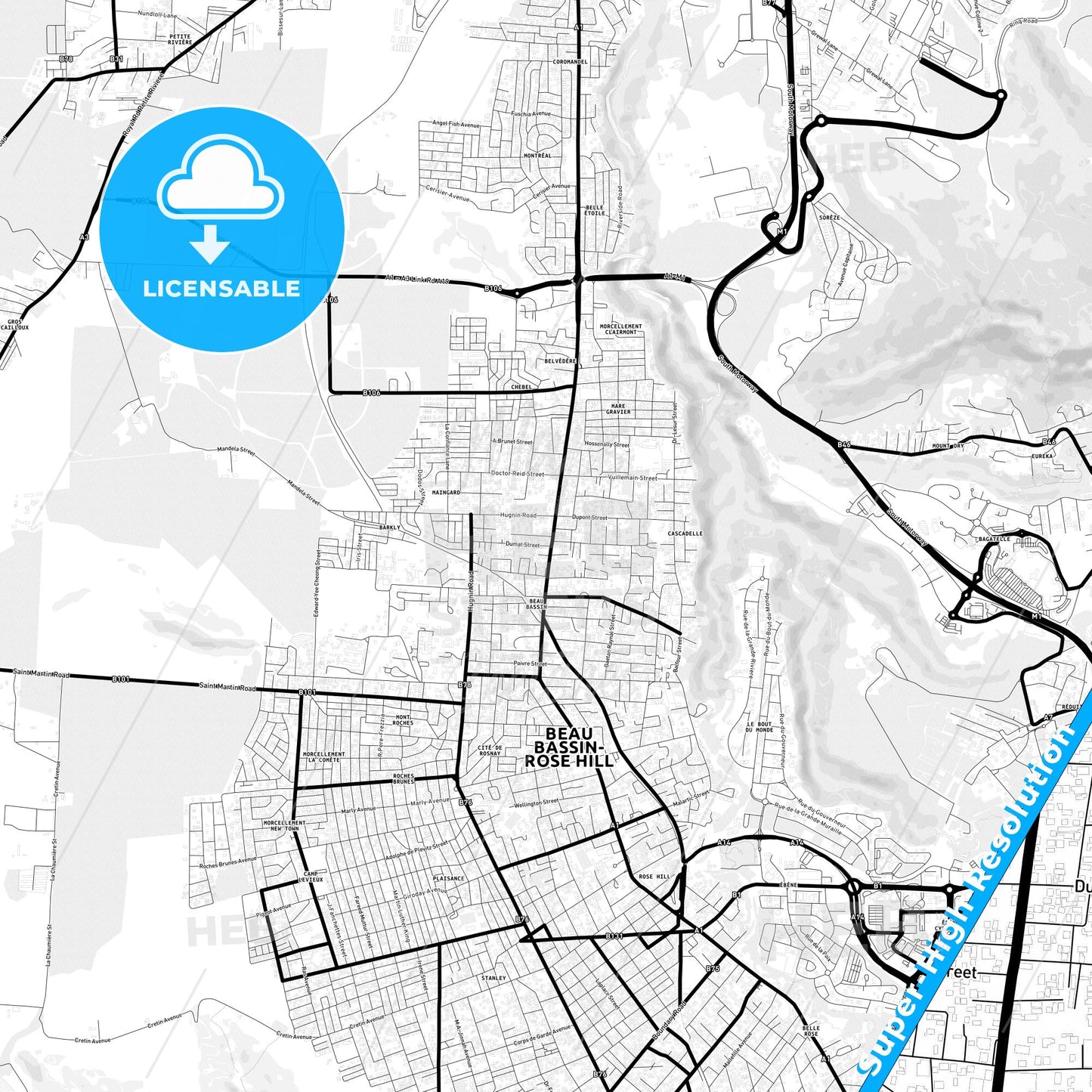 Beau Bassin-Rose Hill, Mauritius Light Map with Street Names, City Names, and Districts