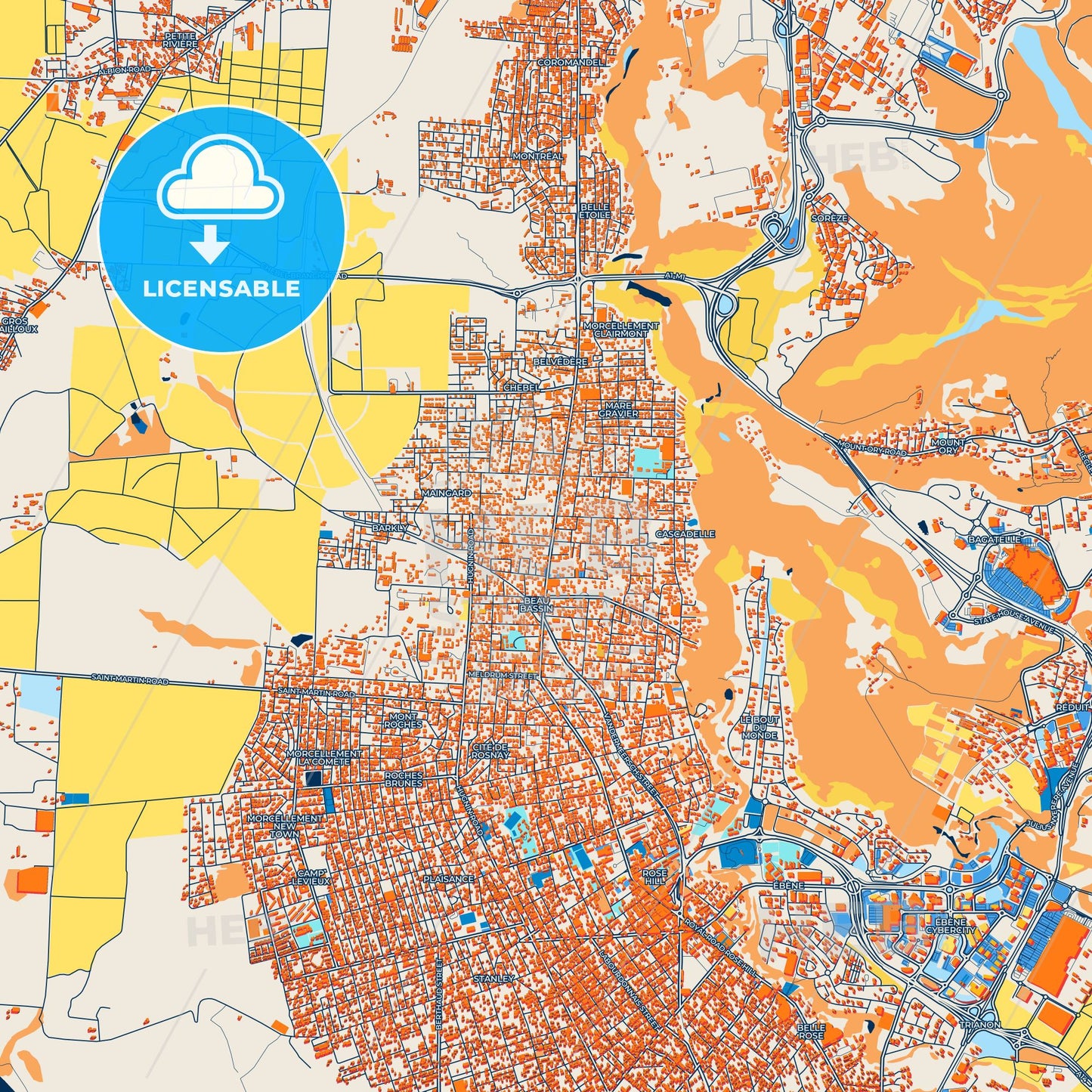 Colorful Beau Bassin-Rose Hill Street Map with Labels and Buildings