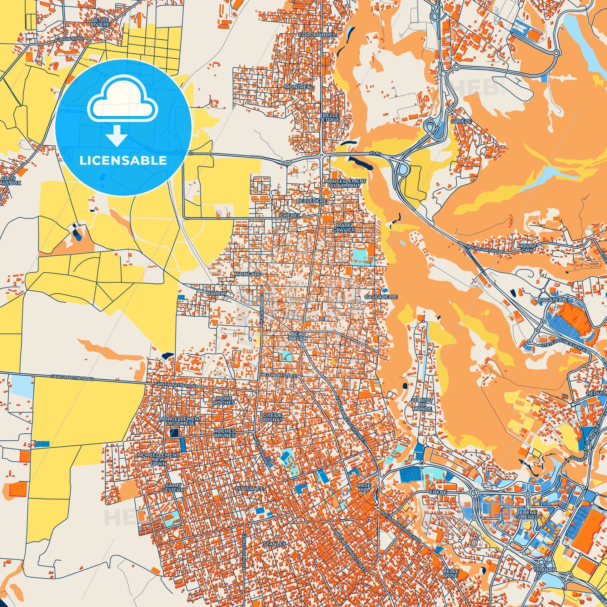 Colorful Beau Bassin-Rose Hill Street Map with Labels and Buildings