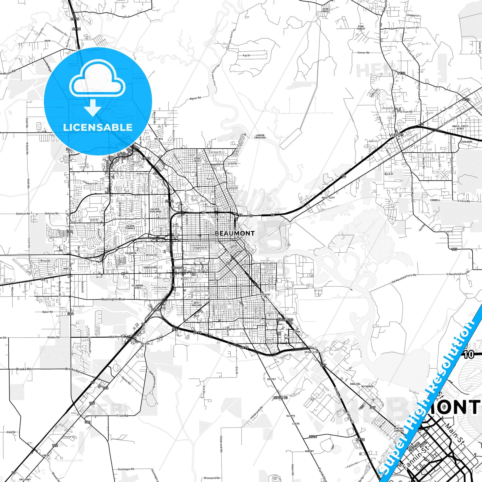 Beaumont, Texas light map with streetnames, citynames and districts