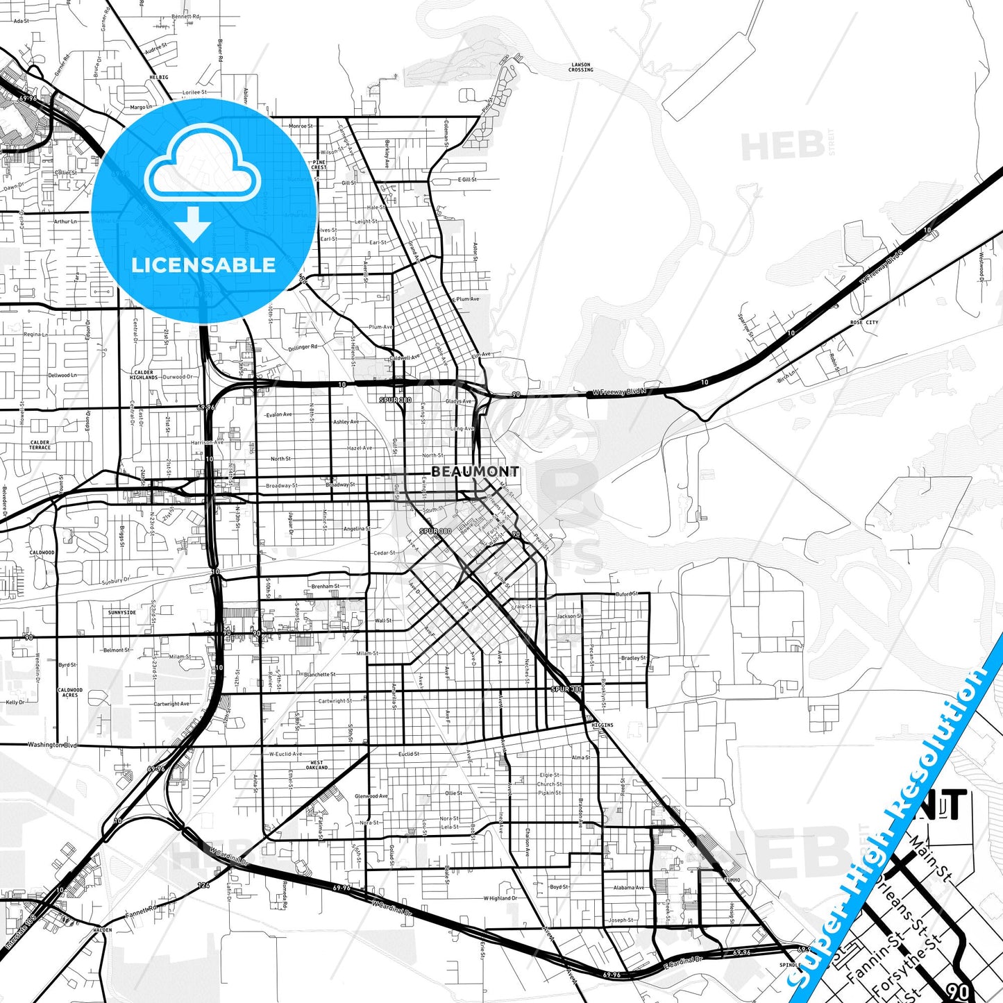 Beaumont, Texas Light Map with Street Names, City Names, and Districts