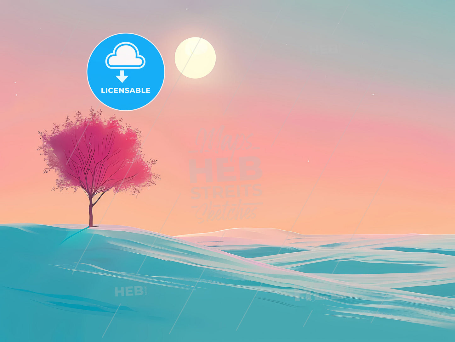 Striking digital painting: Vibrant minimalist snowy field landscape with a majestic tree as the focal point