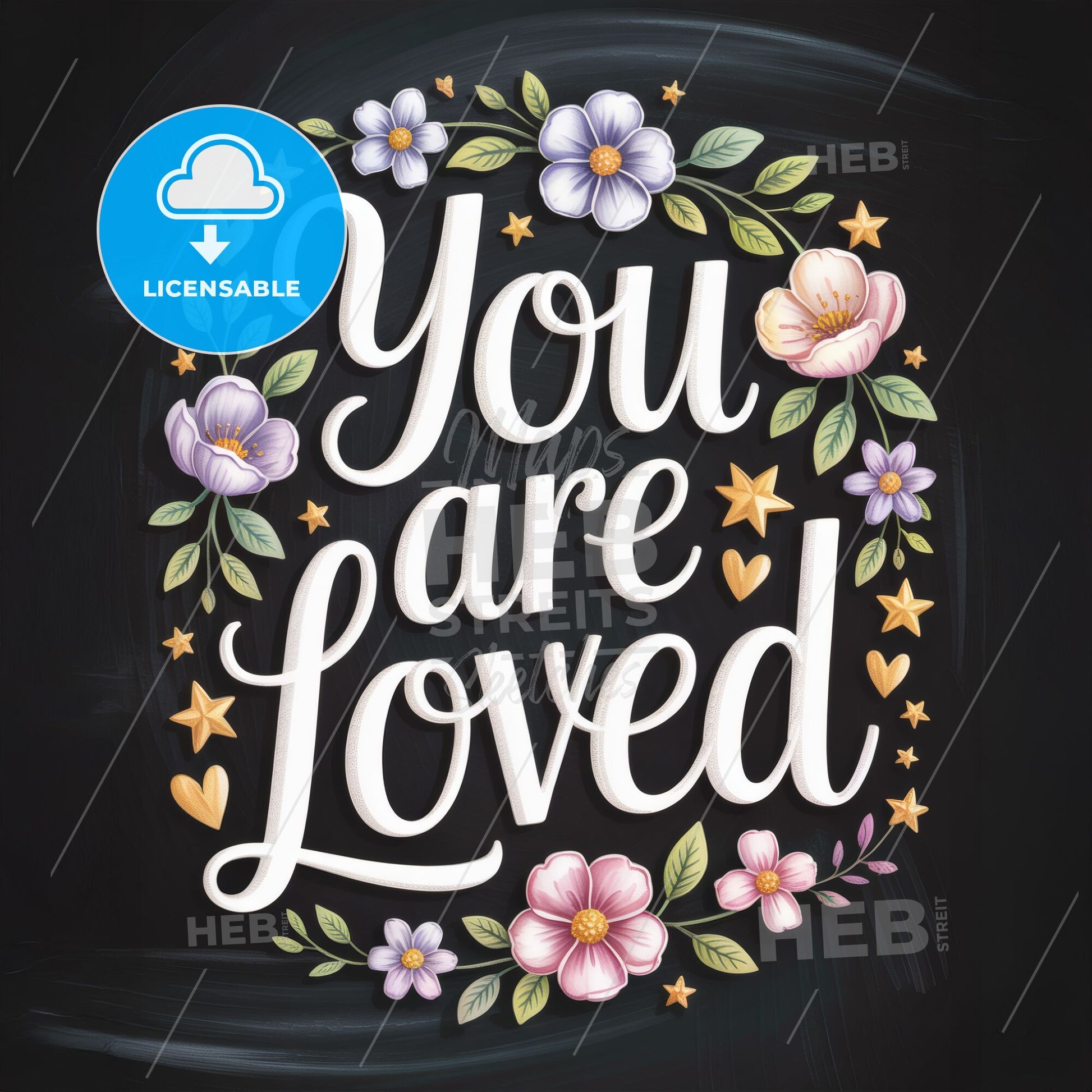 Beautiful Floral Typography Artwork: 'You Are Loved' on a Dark Background for Inspirational Home Decor.