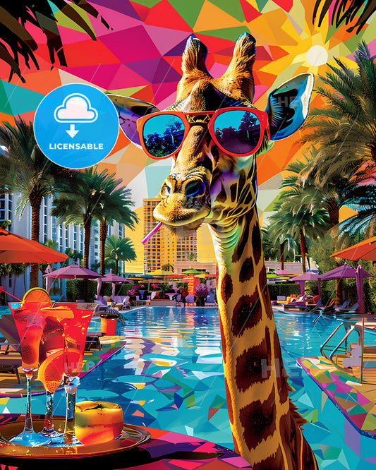 Psychedelic Giraffe Pool Party Collage by Eaton, Kobra, and Erté: Pop Art Zebra Cocktail Scene