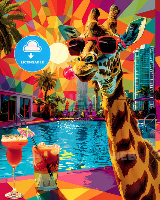 Psychedelic Giraffe Cocktail Party in Miami: Pop Art Collage with Vibrant Colors, Eduardo Kobra, Tristan Eaton, Erté, Cut and Ripped Magazine Style
