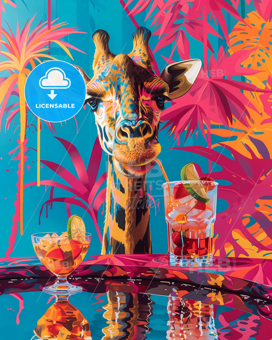 Vibrant Psychedelic Pool Party: Giraffe Sipping Cocktail in Miami Pop Art Painting
