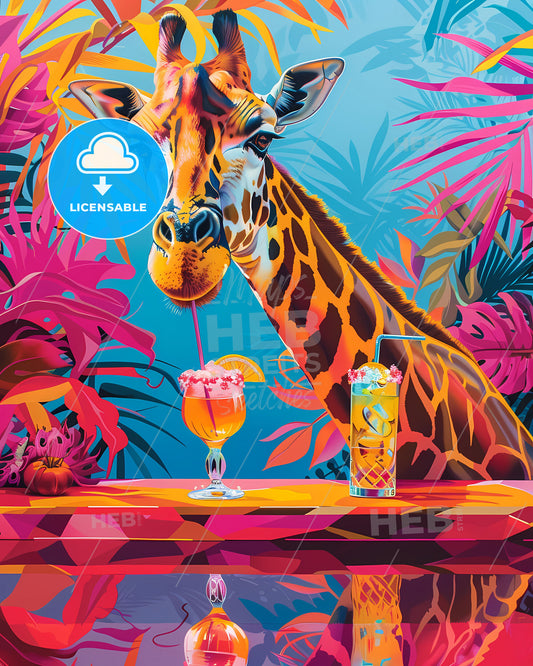 Psychedelic Giraffe Pool Party: Pop Art Animal Enjoying Cocktails in Miami