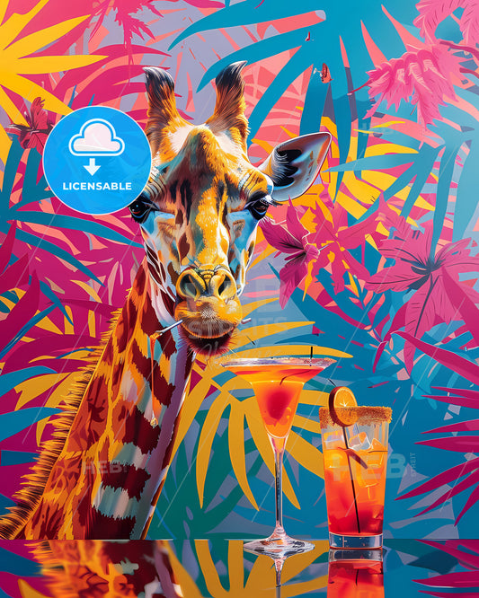 Psychedelic Giraffe Sipping Cocktail at Tropical Pool Party: Vibrant Digital Art