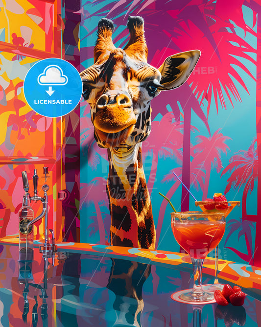 Psychedelic Pop Art Painting: Giraffe at Miami Poolside Cocktail Bar