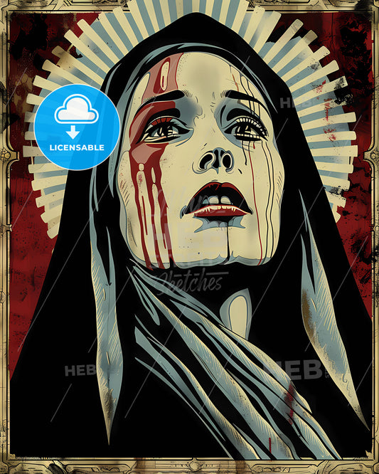 Pop Art Vectorized Religious Occult Gothic Horror Movie Stock Image Concept of Virgin Mary With Blood on Face
