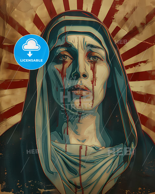 Mother Mary in Vibrant Pop Gothic Horror Painting, Rays of Light, Intricate Details, Blood