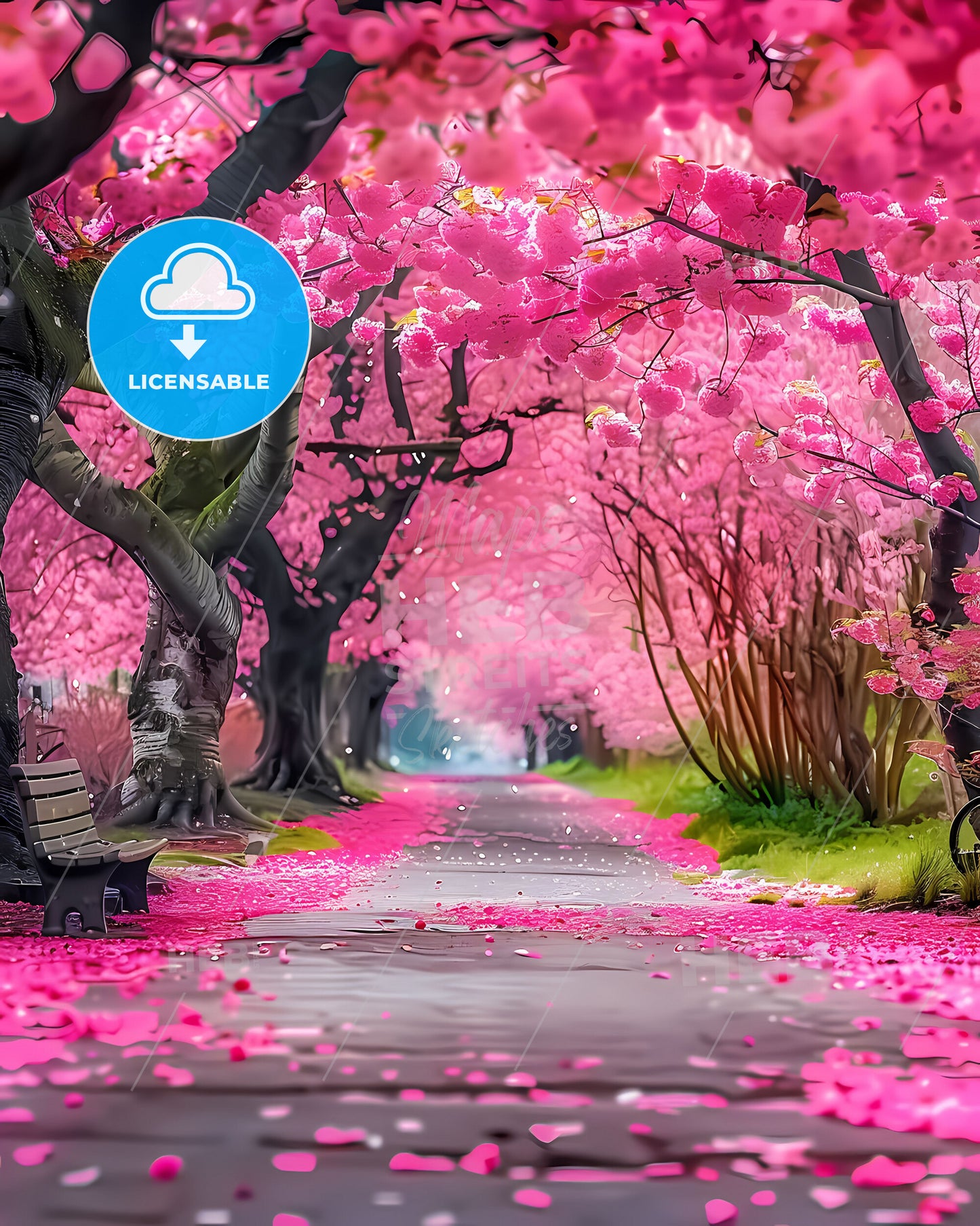 Zen Garden with Cherry Blossom Trees, Serene Spring Scene, Pink Petals, Natural Beauty, Romantic Landscape, Artistic Impression, Path with Flowers