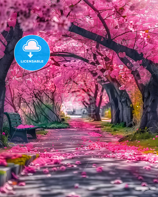 Picturesque landscape of vibrant pink cherry blossom trees with blooming flowers, casting petals on a bench by the road, evoking springtime love and serenity in a stunning nature illustration