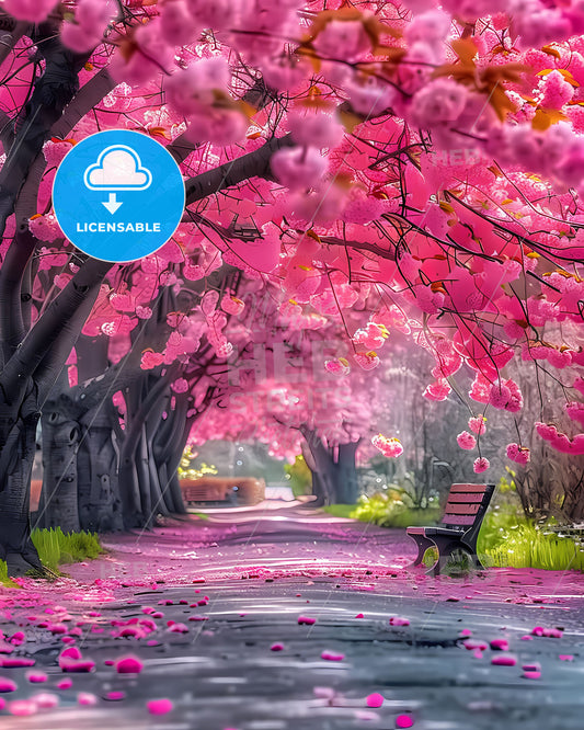 Serene Beauty: Vibrant Cherry Blossom Trees with Love and Spring in a Romantic, Picturesque Landscape