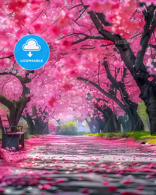 Tranquil Nature Scene: Pink Cherry Blossom Wonderland with Serene Bench, Spring Flowers, and Pink Hues
