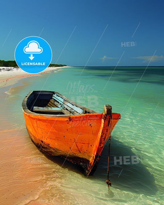 Tropical Art: Vivid Painting of Orange Mozambican Boat on a Beach