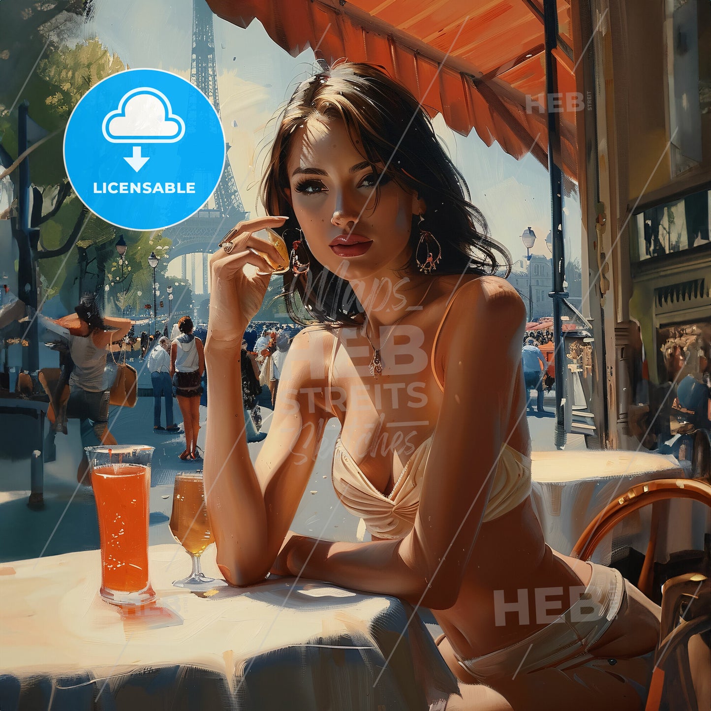 beautiful woman sitting in summer cafe - A woman sitting at a table with drinks