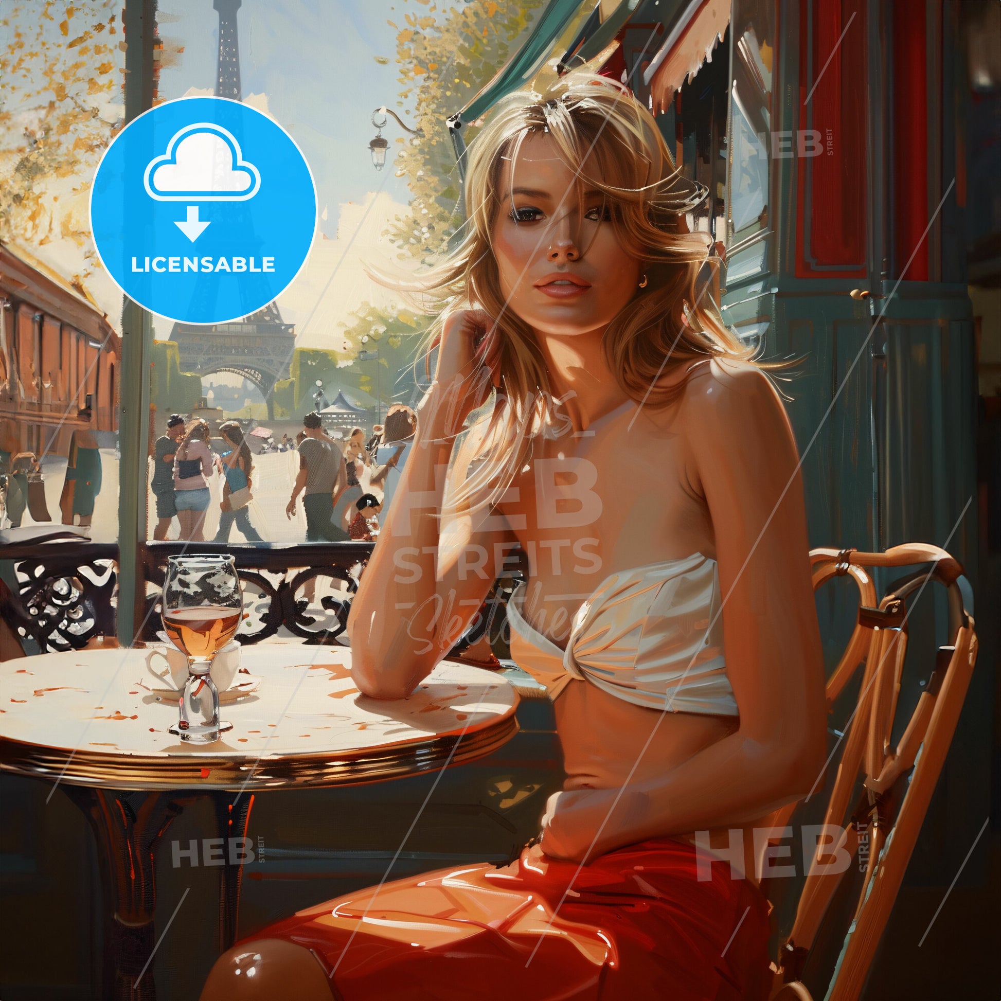 beautiful woman sitting in summer cafe - A woman sitting at a table with a glass of wine