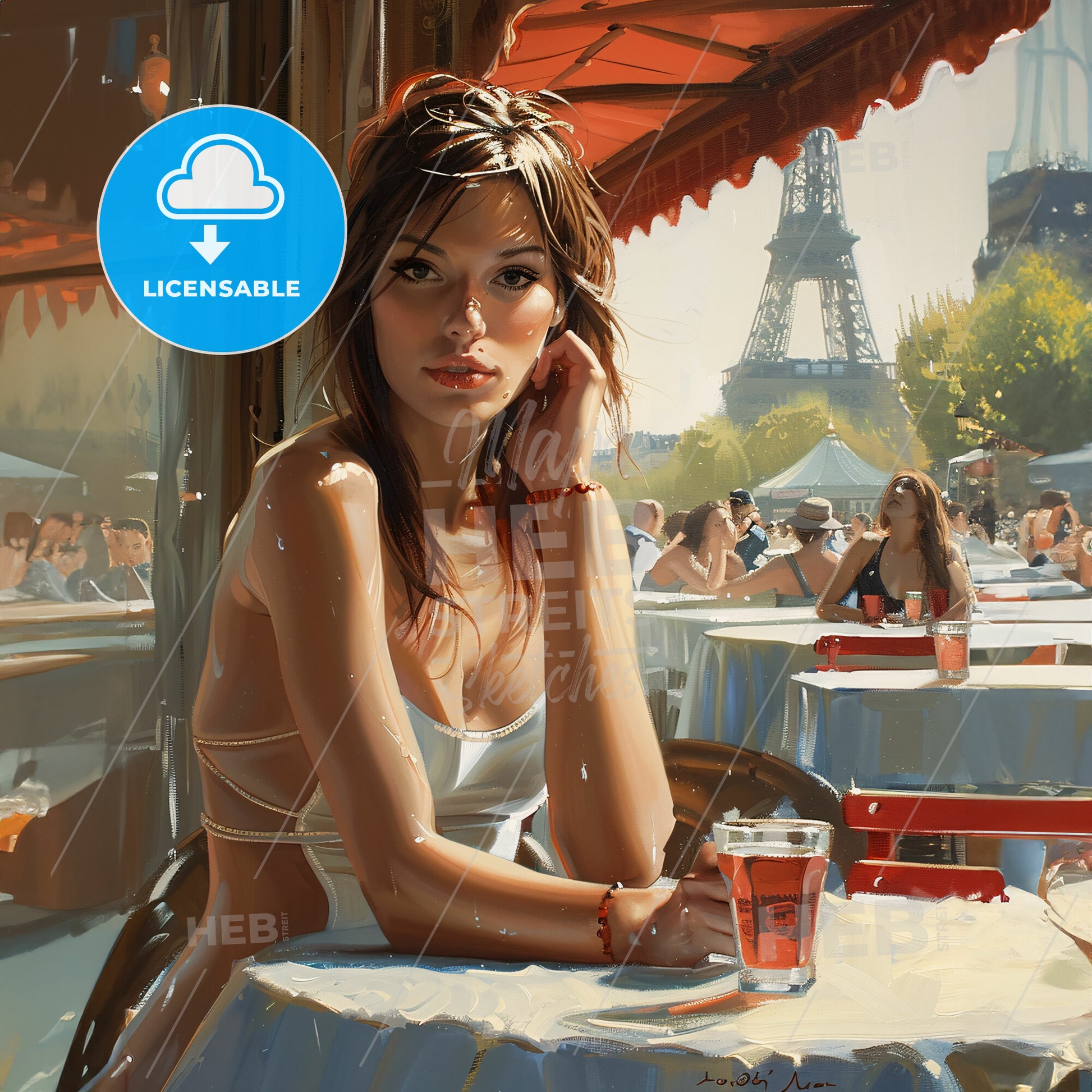 beautiful woman sitting in summer cafe - A woman sitting at a table with drinks