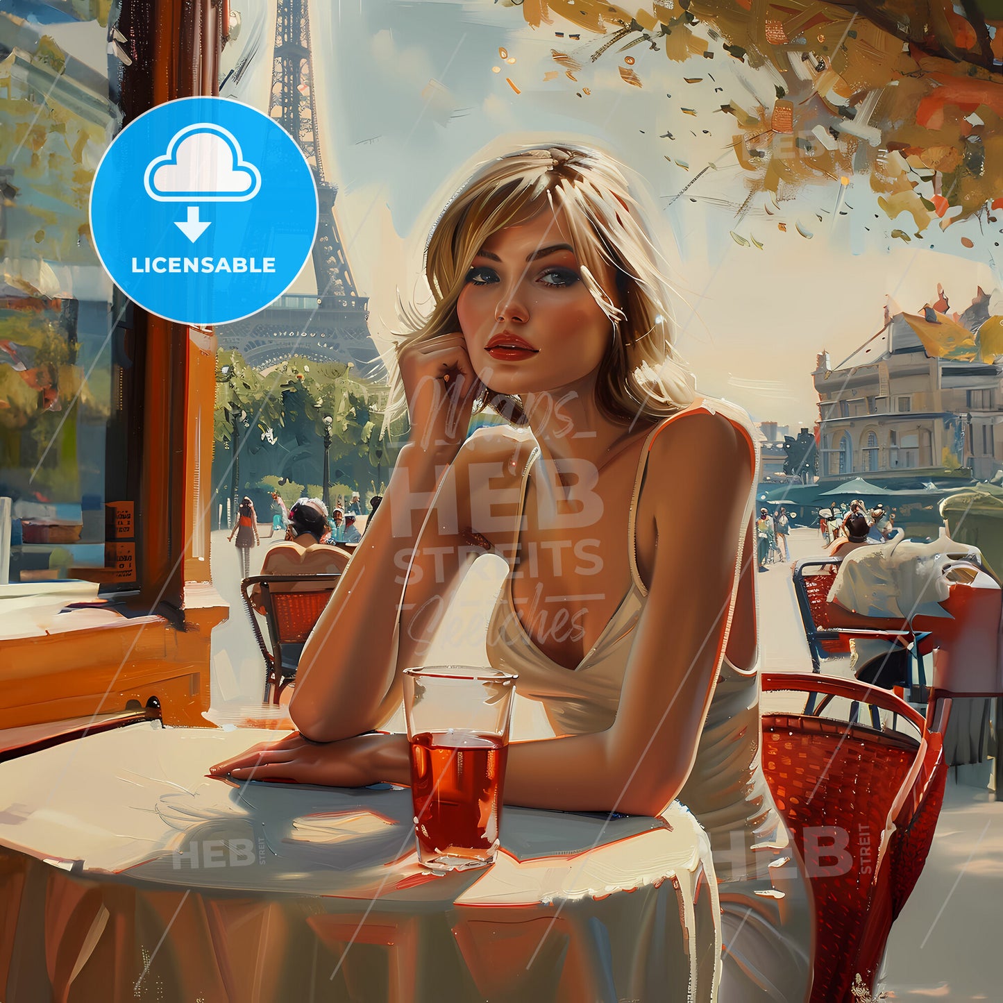 beautiful woman sitting in summer cafe - A woman sitting at a table with a drink in front of a tower