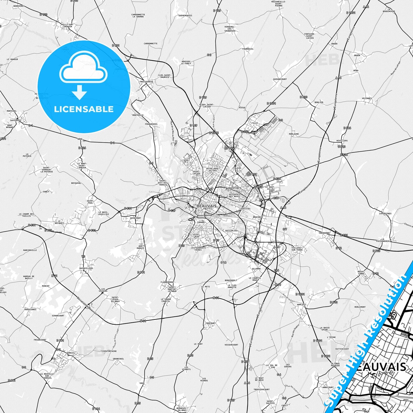 Beauvais, France light map with streetnames, citynames and districts