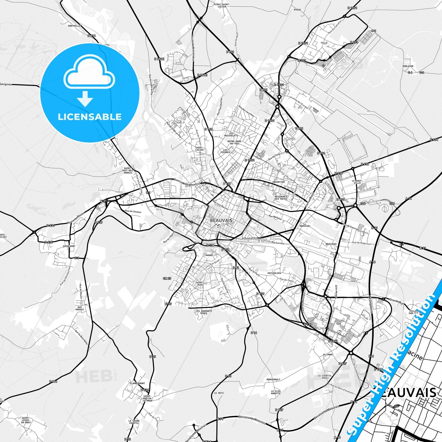 Beauvais, France Light Map with Street Names, City Names, and Districts