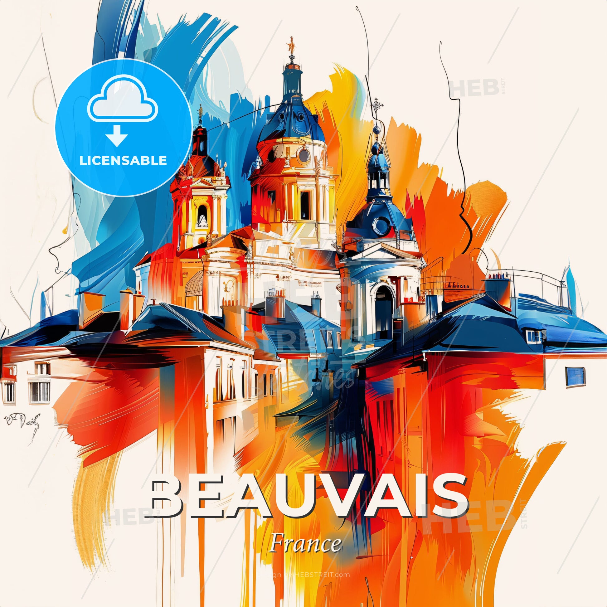 Vibrant Beauvais, France - A Painting Of A Building With Blue And Orange Roofs - Square format print template