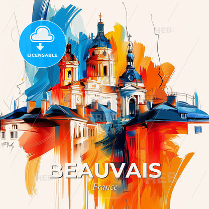 Vibrant Beauvais, France - A Painting Of A Building With Blue And Orange Roofs - Square format print template