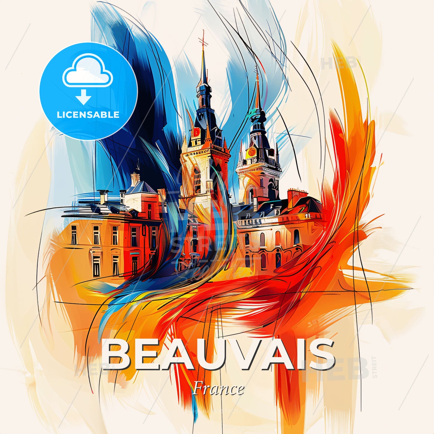 Vibrant Beauvais, France - A Colorful Painting Of A Castle - Square format print template