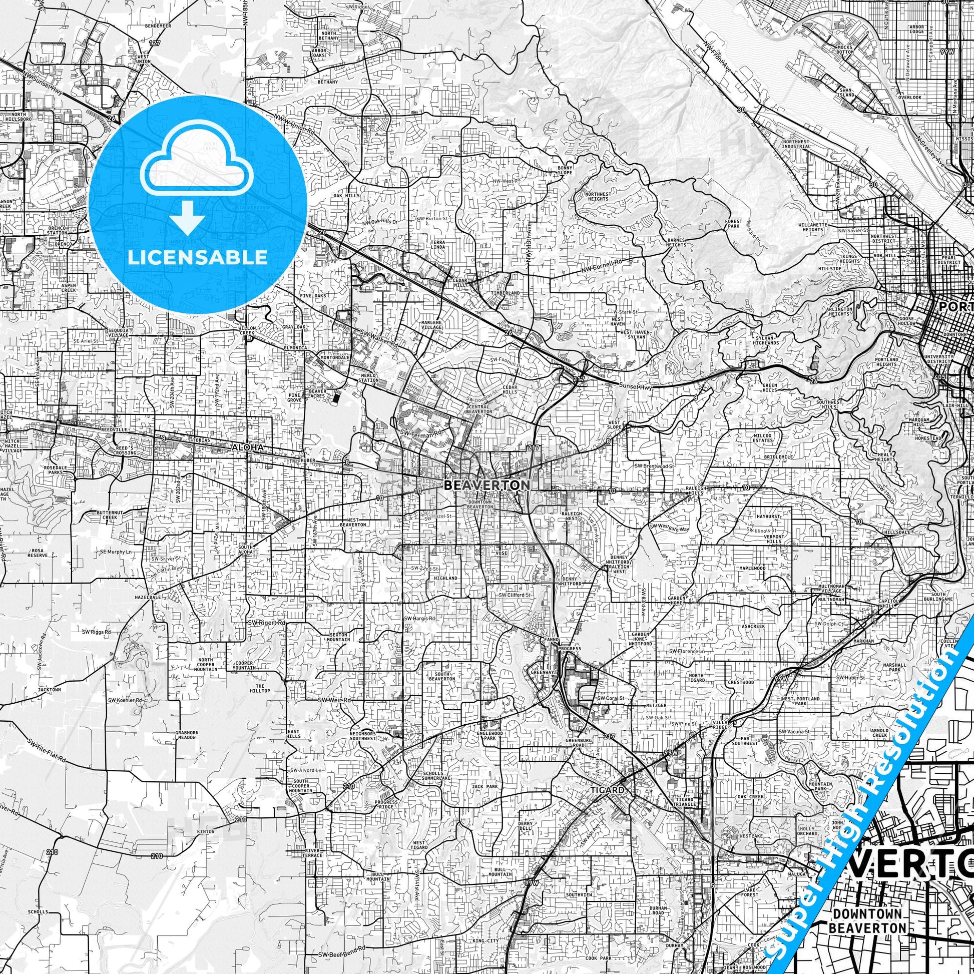 Beaverton, Oregon light map with streetnames, citynames and districts