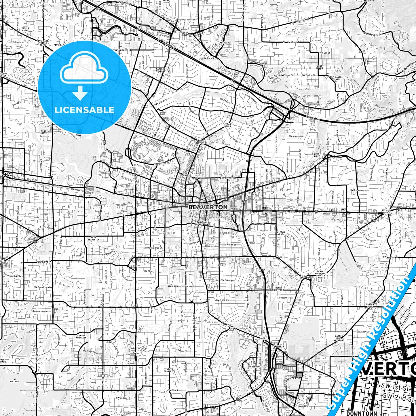 Beaverton, Oregon Light Map with Street Names, City Names, and Districts