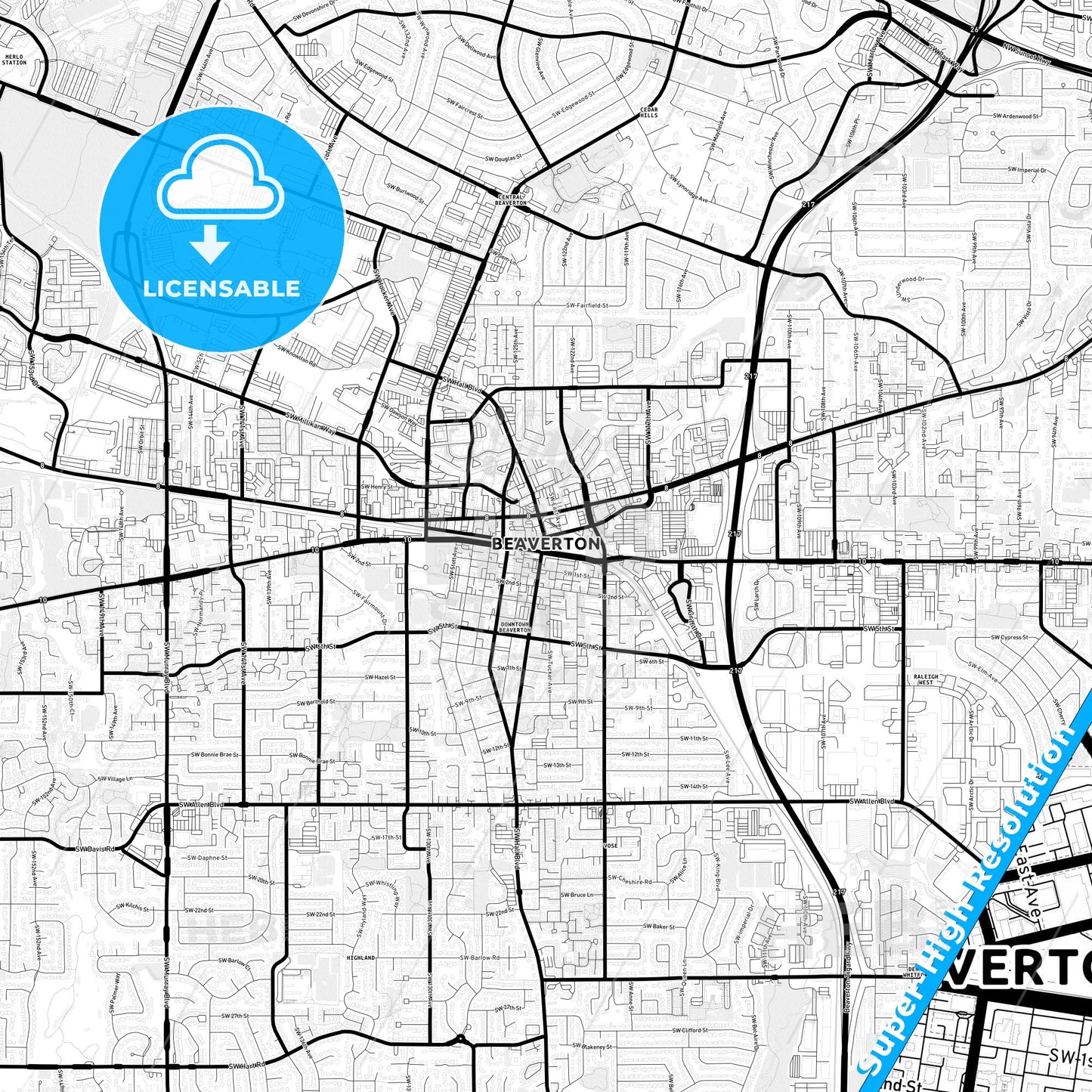 Beaverton, Oregon Light Map with Street Names, City Names, and Districts