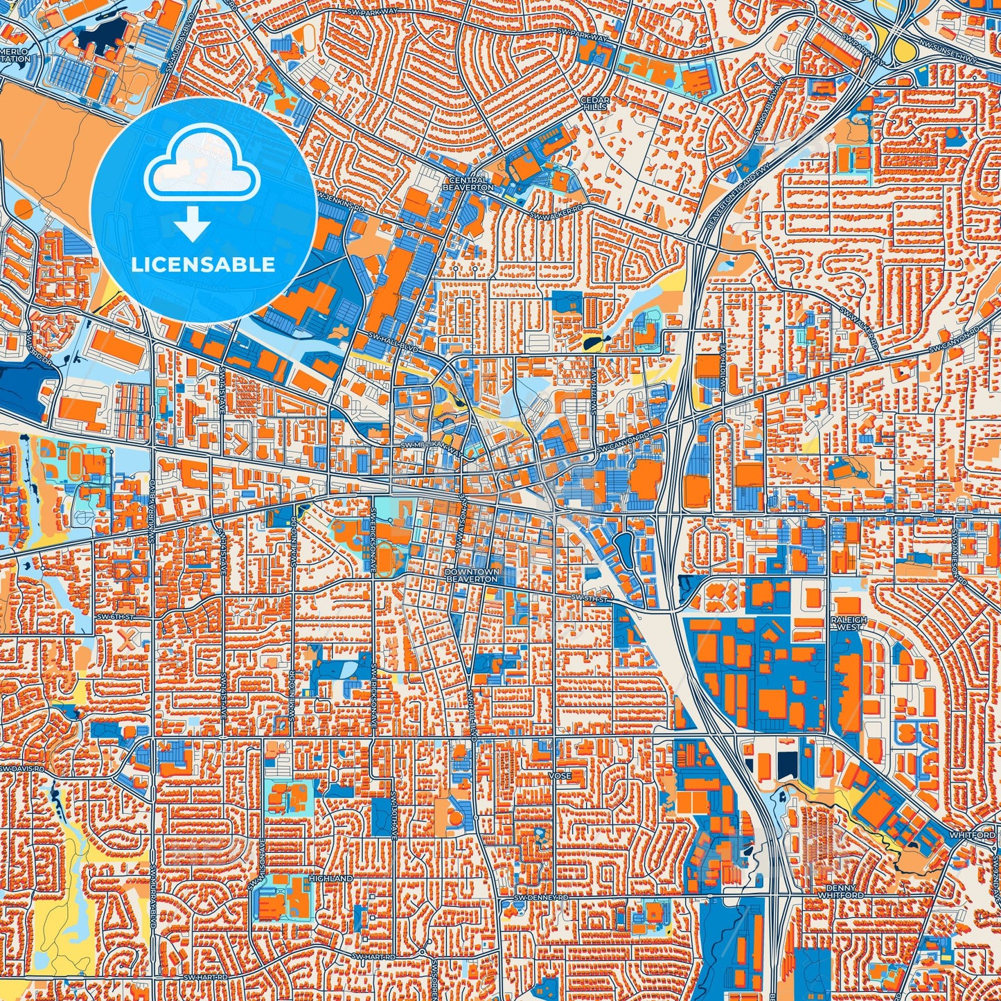 Colorful Beaverton Street Map with Labels and Buildings