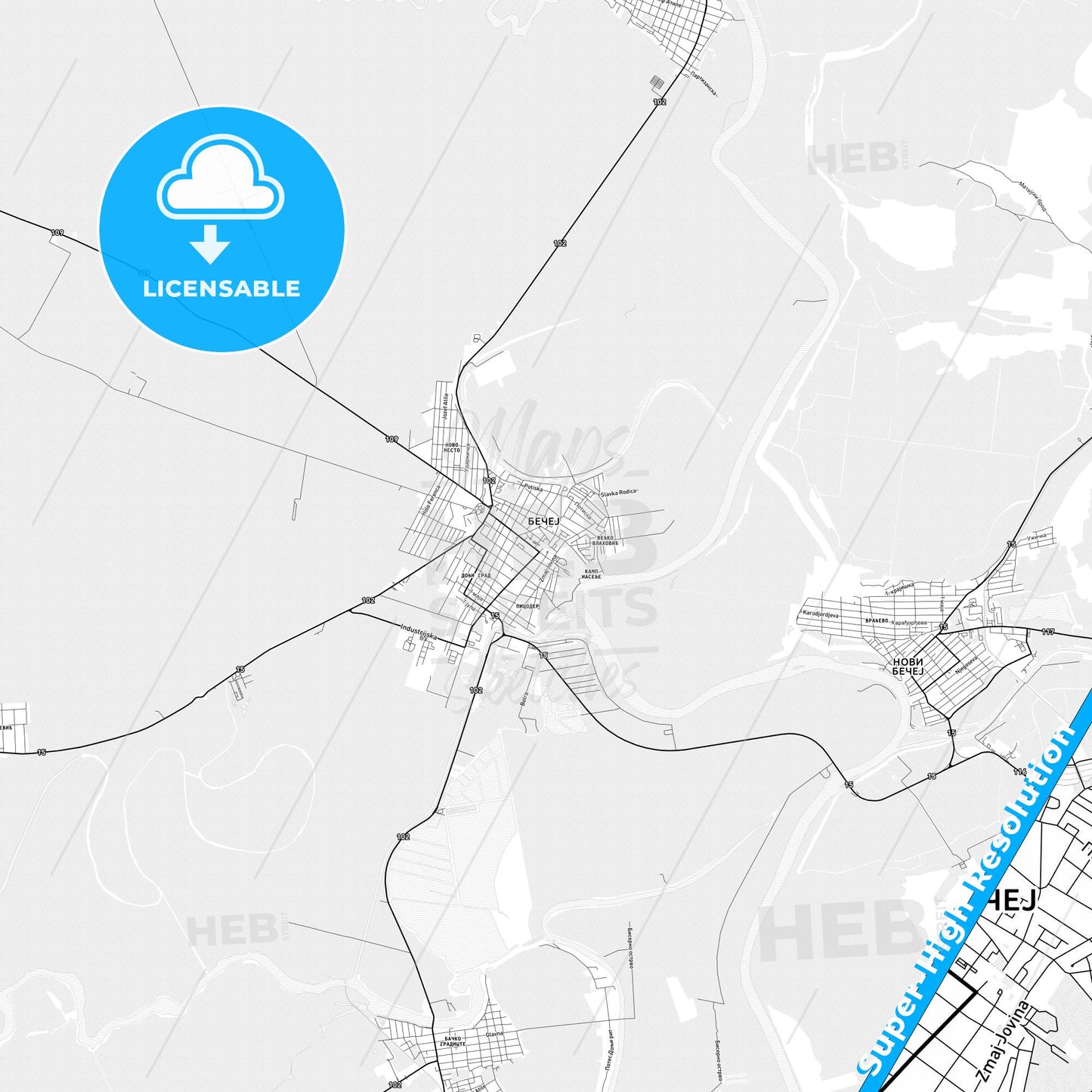 Bečej, Serbia light map with streetnames, citynames and districts